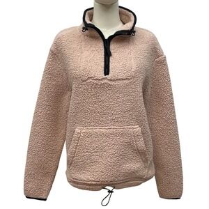 Sherpa Fleece Pullover Love Tree Quarter Zip Pink Kangaroo Pocket Womens M